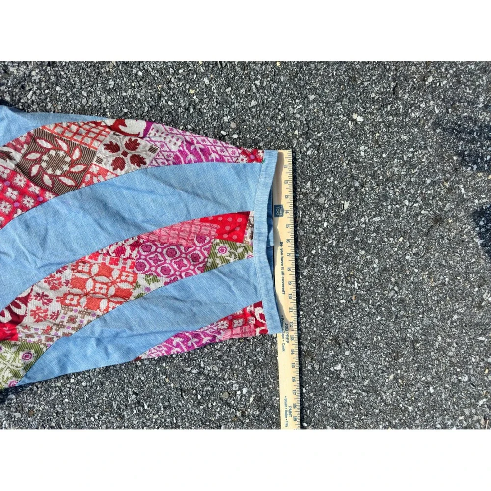 70s Vintage Spiral Patchwork Maxi Skirt Blue Denim Boho Floral Red Pink 23 Waist